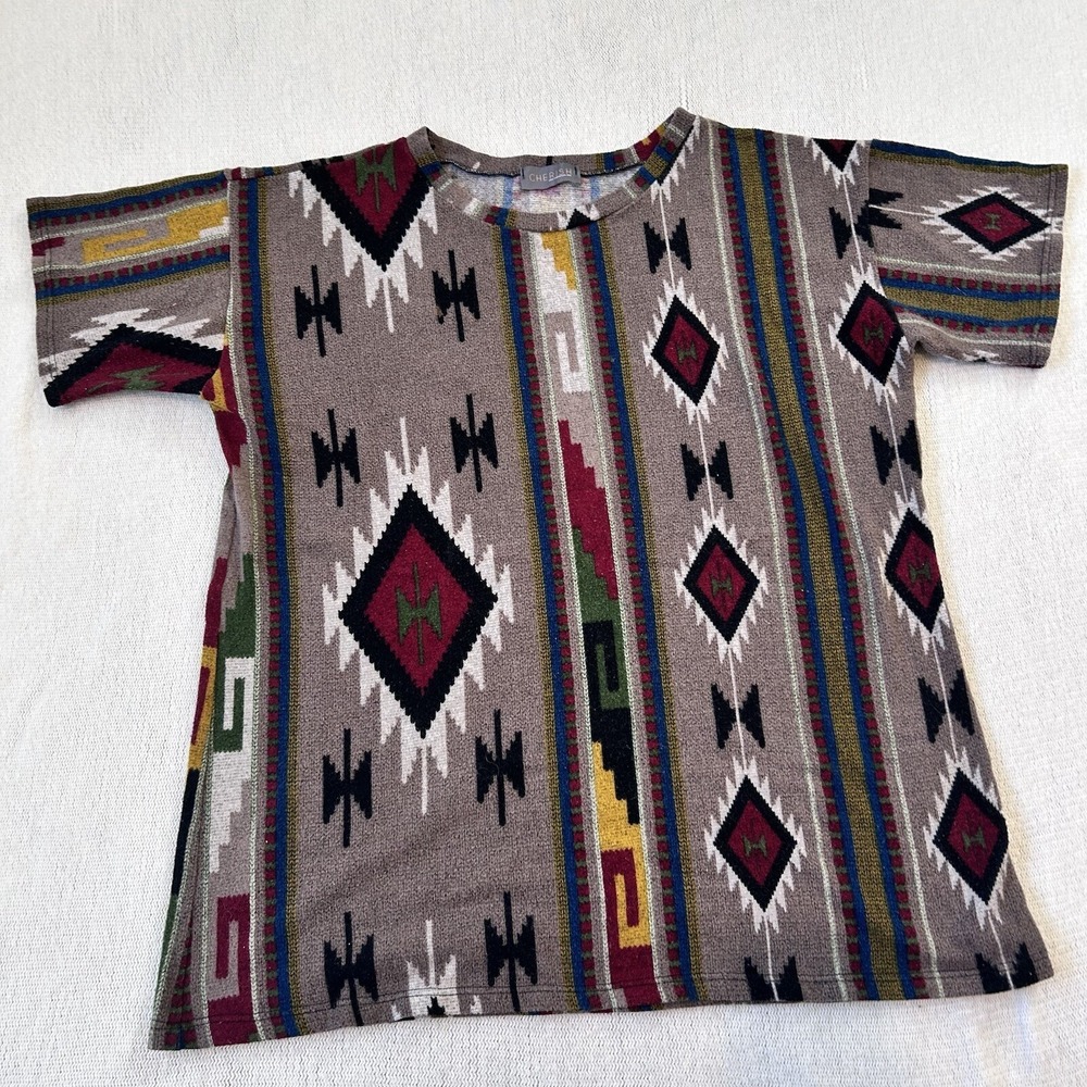 Vtg Made in USA Sweater Sz L Tribal Short Sleeve Southwest Cowgirl Geometric
